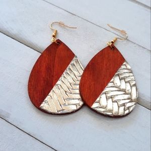 Laser Cut Wood/ Brown/ Gold/ Teardrop Earrings
